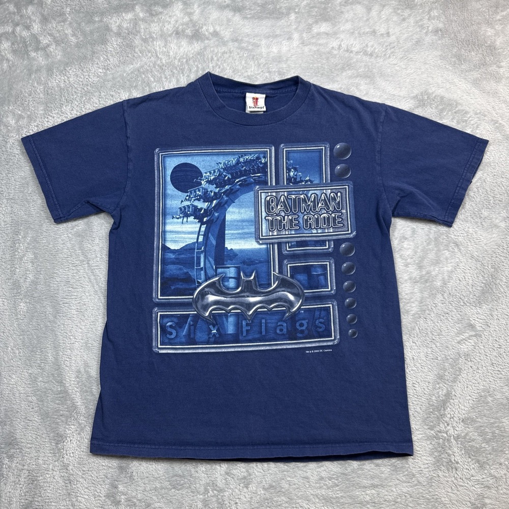 Vintage Six Flags Batman The Ride Shirt Men Medium Blue Roller Coaster Y2K